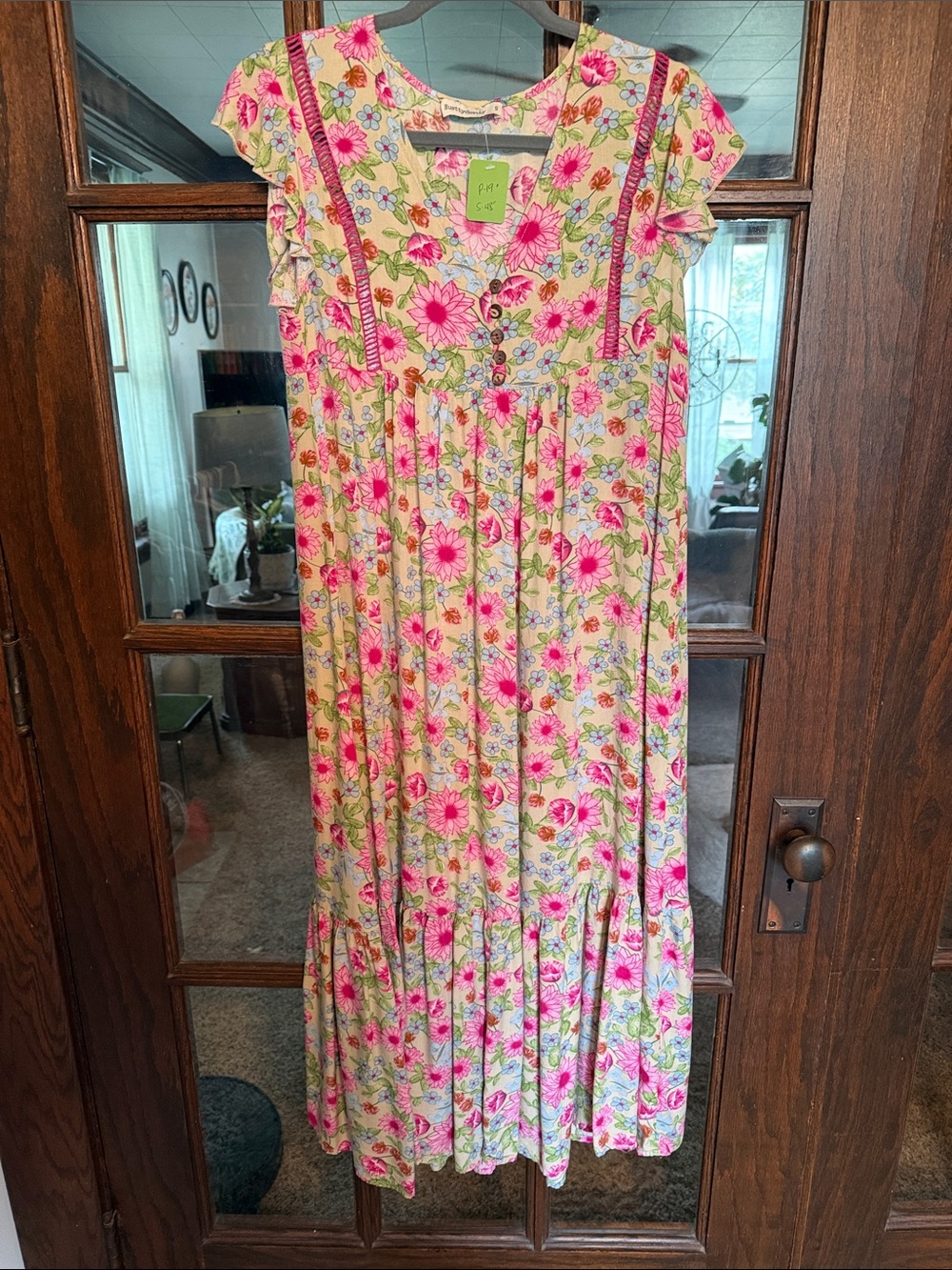 Floral Pink and Cream Maxi Dress with Ruffle Cap Sleeves